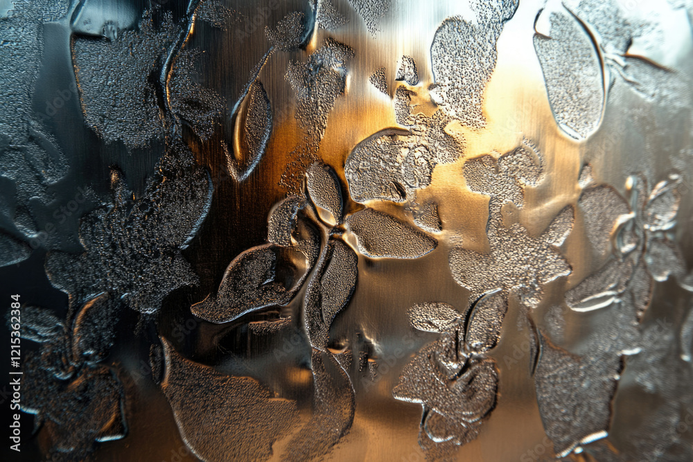 Poster embossed metallic surface with floral pattern, reflecting warm light.