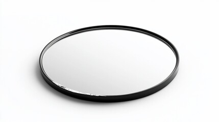 Round black-framed mirror on white background, studio shot, reflection, mockup