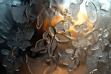 Embossed metallic surface with floral pattern, reflecting warm light.
