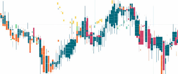 Colorful candlestick chart patterns against a clean white backdrop.