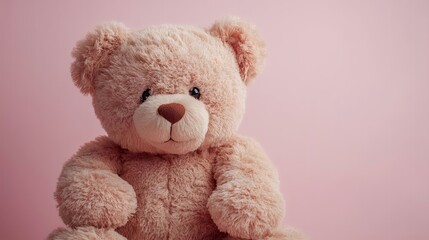Obraz premium Plush teddy bear sits against pink background; perfect for Valentine's Day cards or children's books