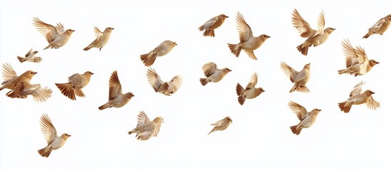 Fototapeta premium Brown birds flying, white background, flock, freedom, design