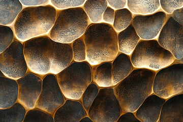 Abstract bronze texture with a unique pattern of uneven, organic shapes creating a visually captivating surface.
