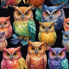 Fototapeta premium Collection of colorful owl clipart designs with watercolor texture, collection, bird, graphic