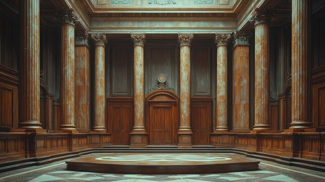 Grand hall interior, marble columns, wooden door, ornate details, empty stage