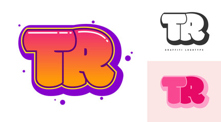 TR logo design for festival or party. Initial letter t and r in graffiti style. Creative modern lettering company name of font typography. Kids trendy logotype or identity.