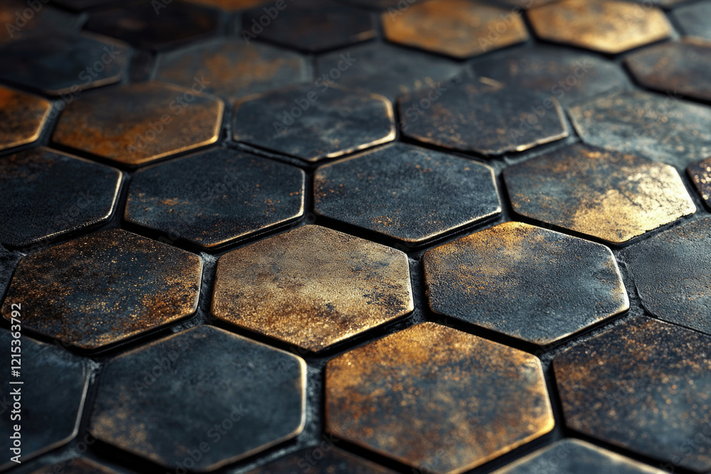Poster Abstract hexagonal pattern with dark and gold metallic texture.  Industrial, grunge style.