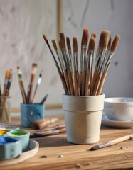 Delicate watercolor paintbrushes leaning against a wooden palette with a bowl of paints nearby, watercolor paintbrushes, , painterly style, art studio, artistic tools