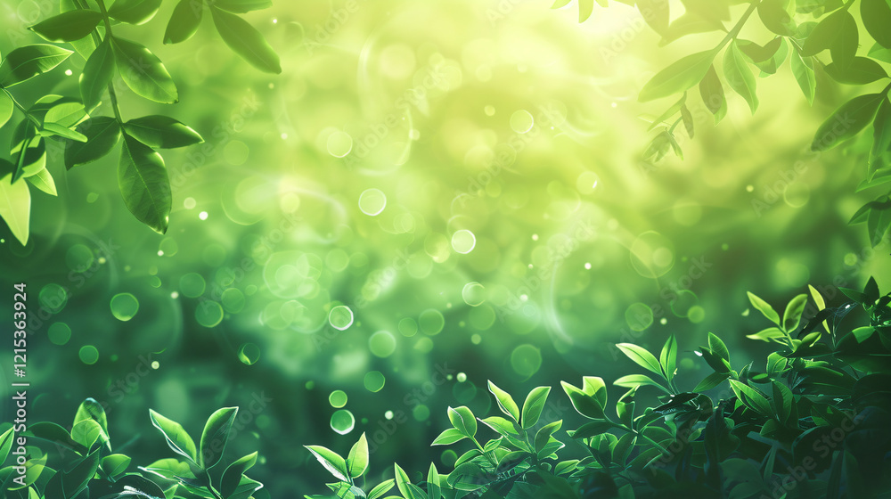 Aufkleber fresh green leaves in a spring forest are bathed in sunlight, creating a enchanting ambiance