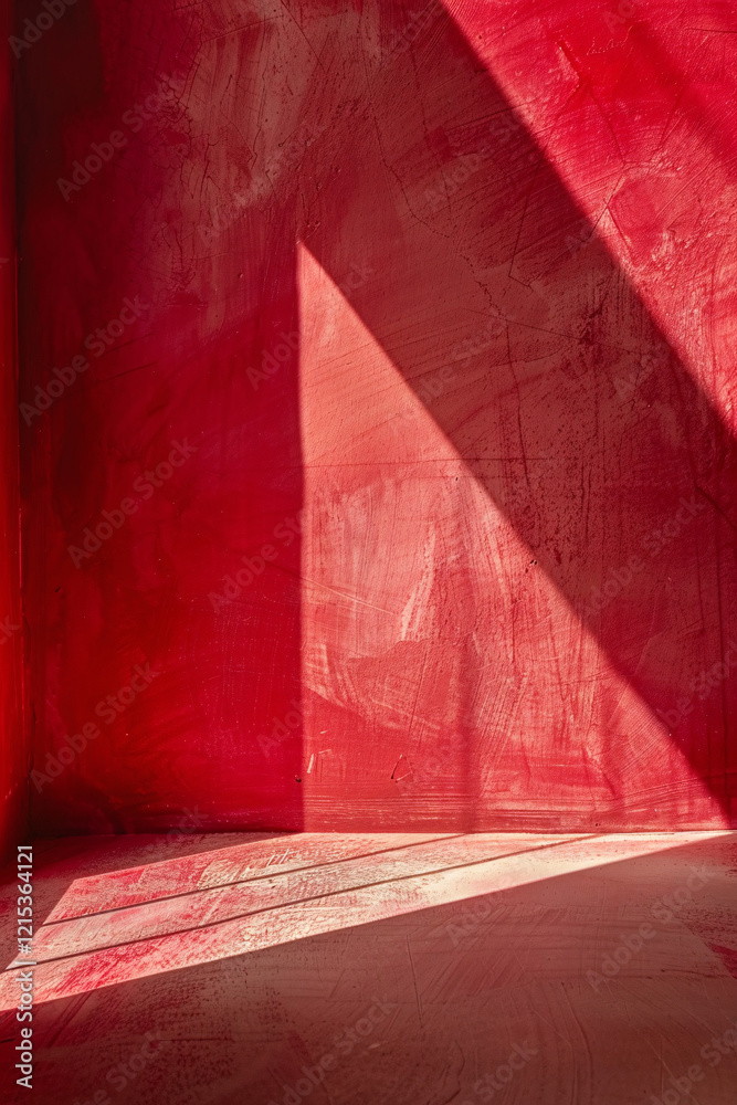 Aufkleber Sunlight is casting geometric shadows on the red wall of an empty room