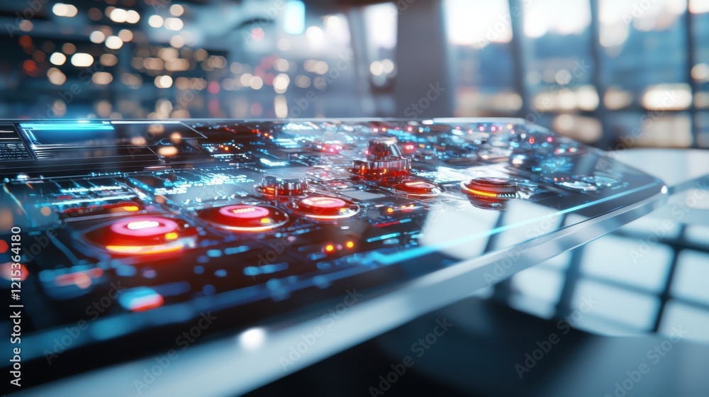 Poster futuristic interface design featuring transparent panels and glowing buttons in a sleek digital work