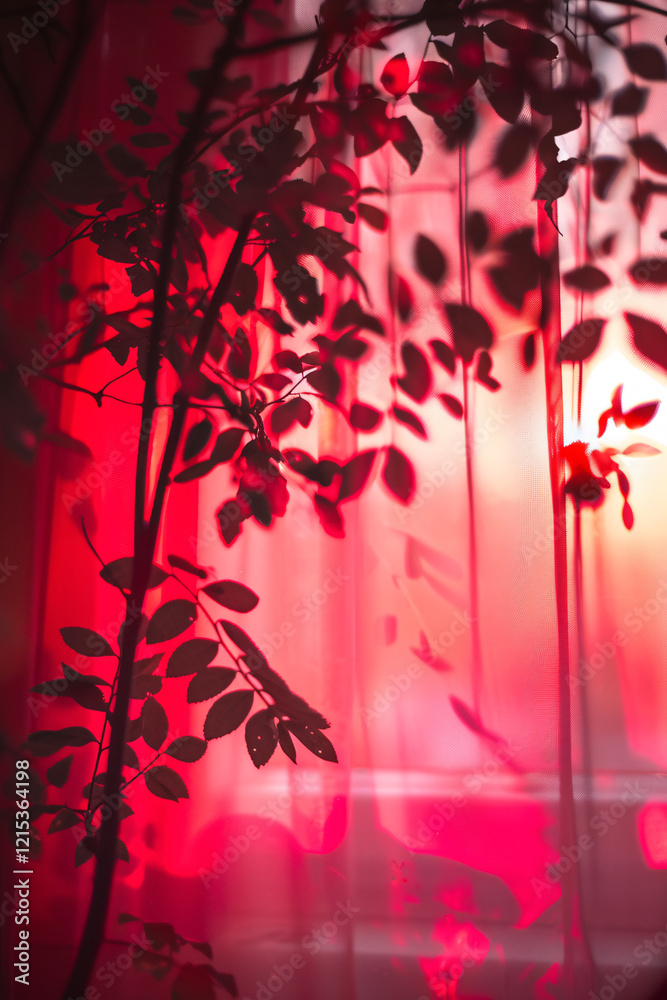 Aufkleber The silhouette of a tree is casting shadows on a window with a warm red background