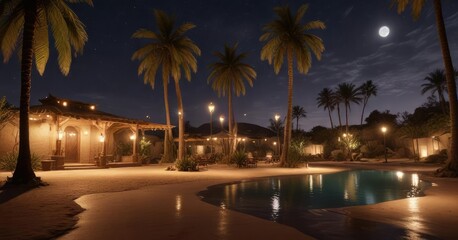 Obraz premium Desert oasis at night with palm trees and lanterns, palm trees, desert oasis, lanterns
