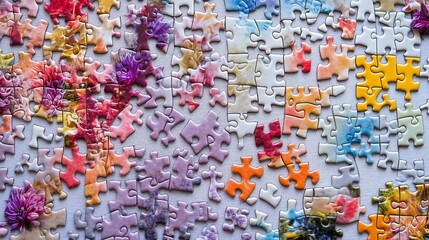 Naklejka premium Colorful floral jigsaw puzzle pieces scattered on table, work in progress, home background