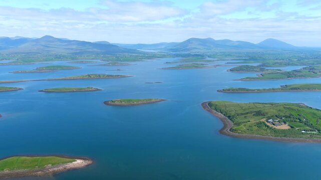 Aerial panorama of Clew Bay's archipelago of islands, partly drowned limestone drumlins formed by glacier. Aka Cuan Modha, one of nature's greatest spectacles when viewed from above. Co. Mayo, Ireland