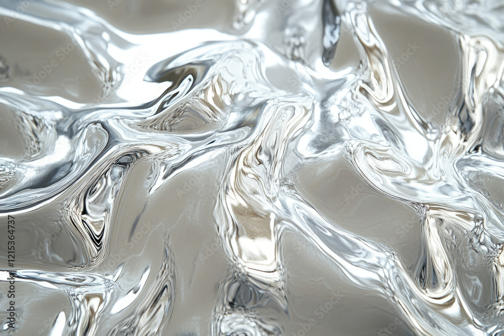 Poster abstract image of flowing silver liquid, resembling a metallic wave or ripple effect.