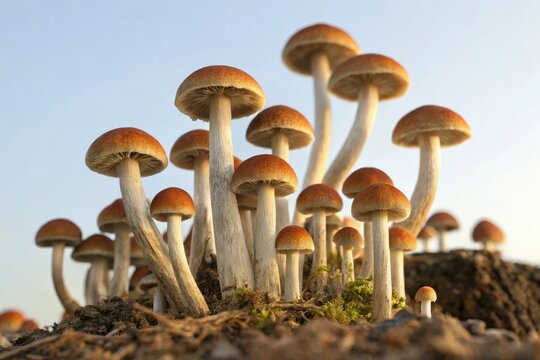 Diverse group of psilocybe cubensis mushrooms growing together, spores, diversity