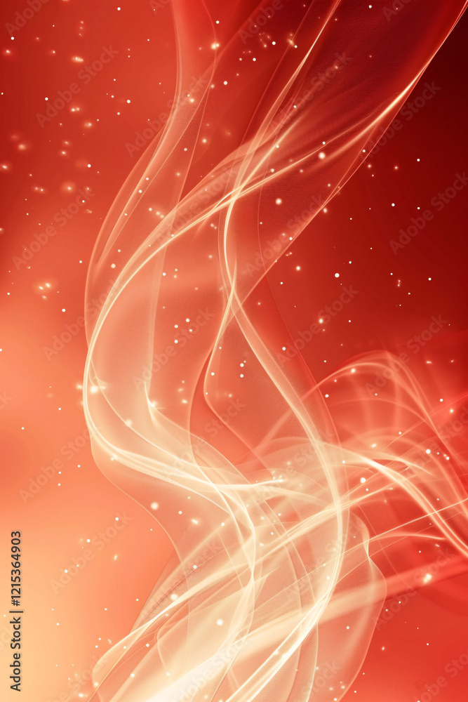 Poster Abstract red orange background with wavy lines and sparkling particles flowing upwards