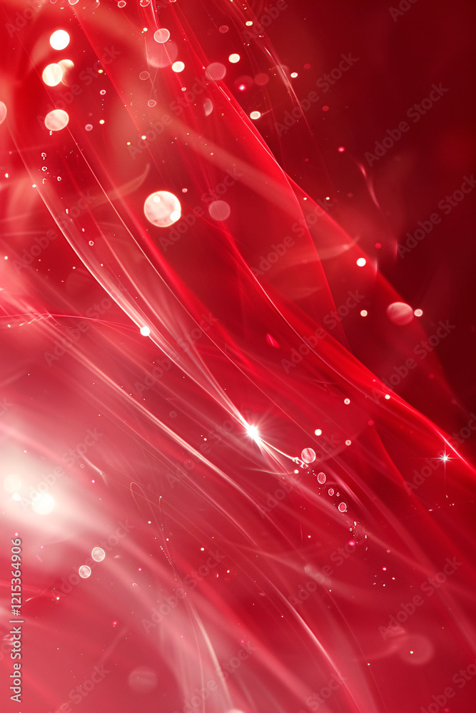Poster Red abstract background with glowing particles and wavy lines