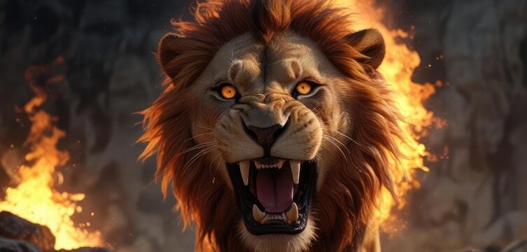 Flames erupt from the lion's mouth as it lets out a deafening roar, intense, beast, fierce