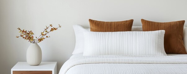 Stylish bedroom decor with cozy pillows and floral arrangement modern home interior photography calm atmosphere close-up view