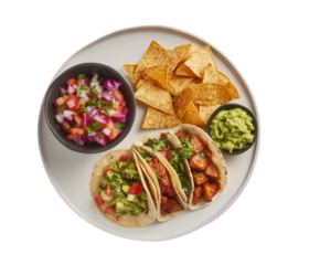 Flat-lay of traditional Mexican food like tacos, guacamole, and salsa. PNG transparent.