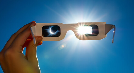 eclipse glasses capturing solar eclipse in bright blue sky