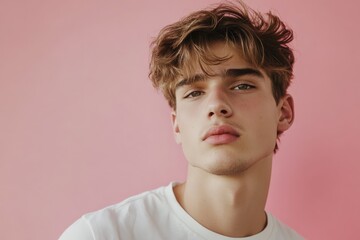 Fototapeta premium Stylish Young Man Posing Against a Soft Pink Background