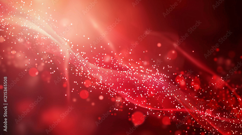Poster Vibrant red gradient with abstract wavy line and glitter particles effect on a red background