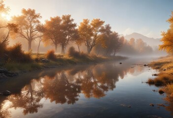 Obraz premium Early morning mist rises over a serene river in autumn , natural beauty, river panorama