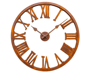 A vintage wall clock with Roman numerals and a distressed frame. PNG transparent.