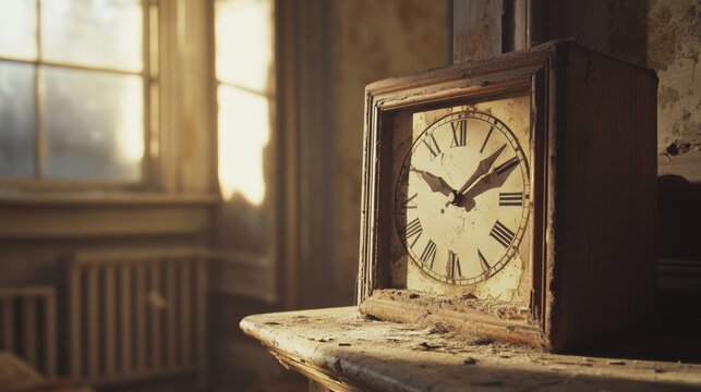An aged clock sits on a dusty mantel, bathed in golden sunlight from a nearby window, evoking a sense of timelessness and nostalgia.