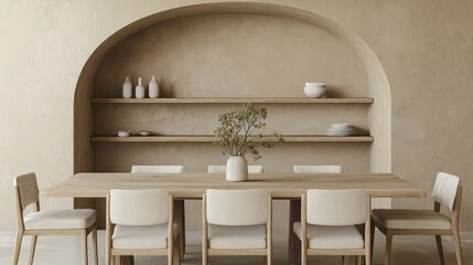 A minimalist dining setting with an arched shelf in a natural sand tone