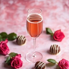 Elegant rose champagne and chocolate truffles arrangement with red roses on pink background