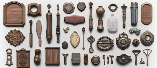 Antique Hardware Flatlay Diverse Wooden & Metal Objects Arranged on White Background for Design Inspiration