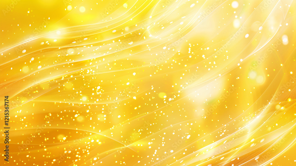 Poster Luxurious and festive atmosphere created by golden wavy lines and sparkling particles in an abstract background