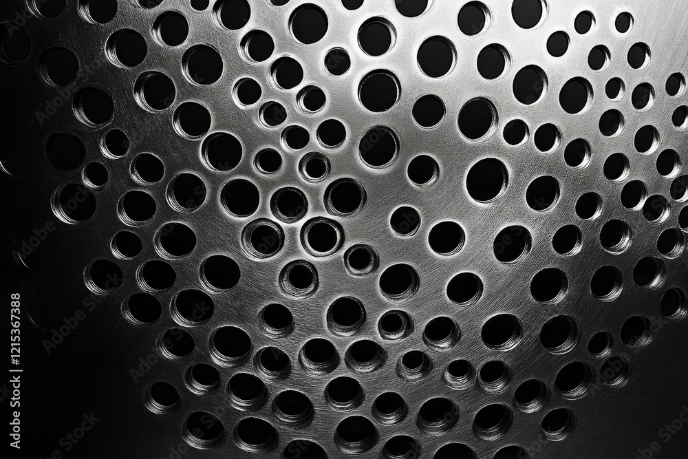 Poster Abstract metallic surface with numerous circular perforations, creating a textured and visually interesting pattern.