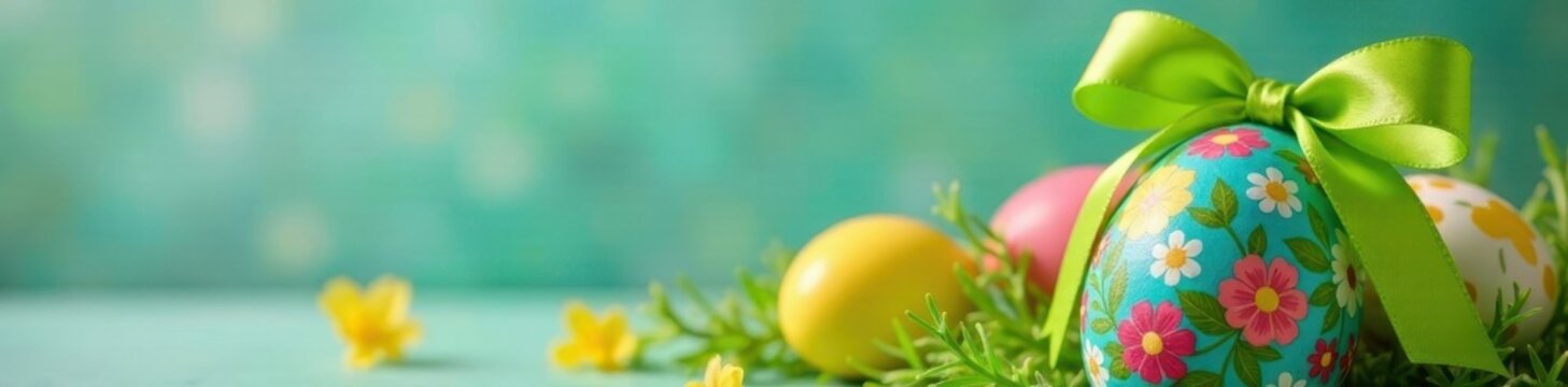 Close-up of colorful Easter egg tied with a green bow, schleife, easter background, easter