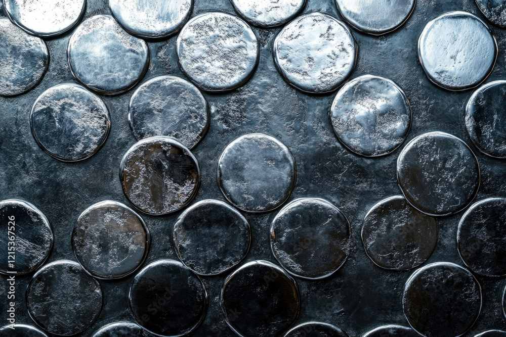Poster Close-up view of a metallic surface composed of numerous circular elements, creating a textured pattern.