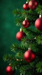 Obraz premium Close-up of richly decorated Christmas tree ornaments on a plush green background , green, bell, silver