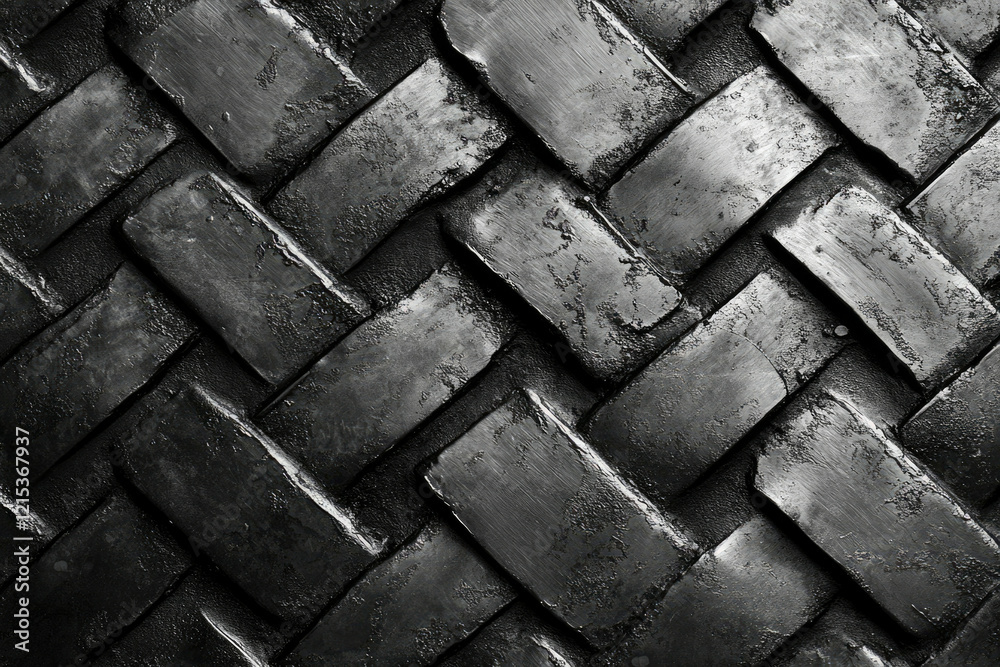 Poster black and white image of a herringbone pattern of dark metal blocks.