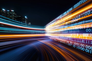 Nighttime cityscape with digital data streams flowing through urban environment