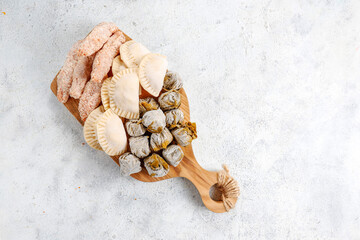 Raw semi finished frozen products, meals.