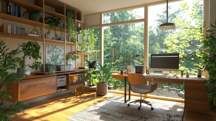 Fototapeta premium Motivational remote work setup in a well-organized home office with lush greenery and natural light ideal for productivity and comfort