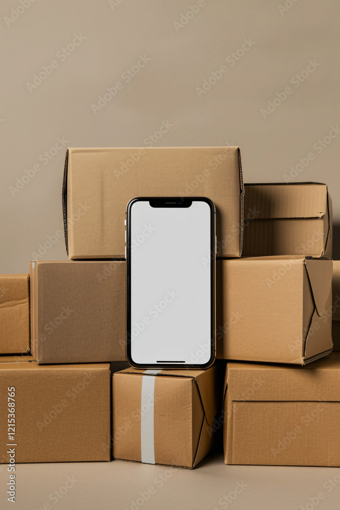 Poster Online shopping and delivery concept: stack of cardboard package boxes with smartphone displaying blank screen