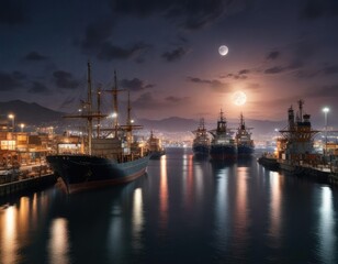 Obraz premium Full moon shining over Algeciras seaport's docked ships, seaport, boat, ship