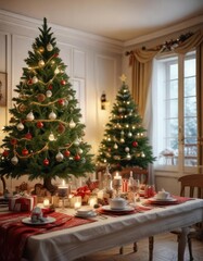 Full spruce Christmas tree in a decorated room with festive tableware, cozy winter ambiance, spruce tree