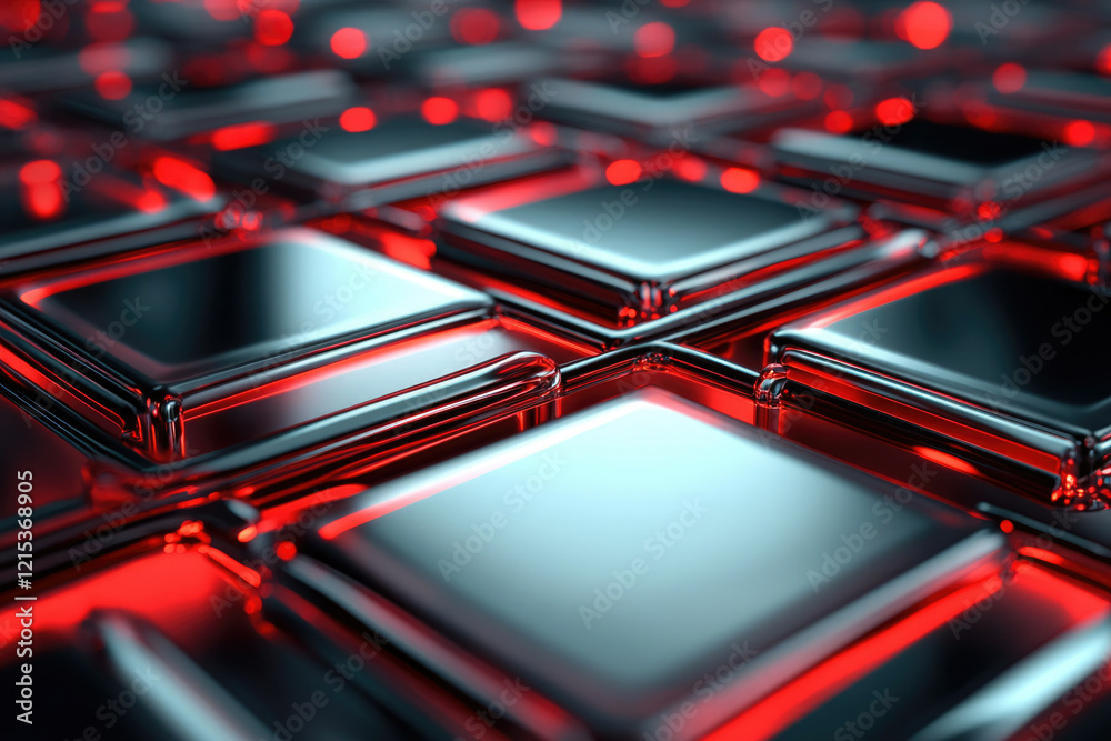 Poster Abstract 3D rendering of glossy metallic squares with red neon lighting, creating a futuristic and technological aesthetic.