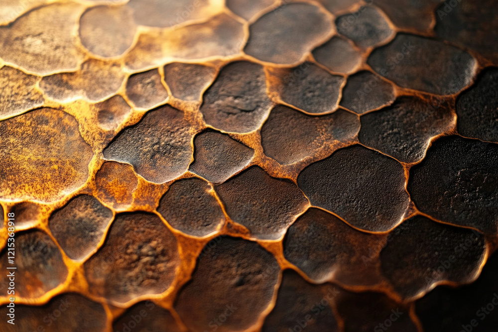 Poster close-up of a textured bronze surface with a honeycomb-like pattern, showcasing rich, warm tones and