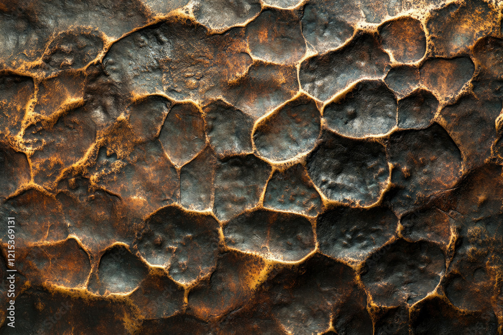 Poster dark bronze textured surface with irregular, hammered, honeycomb-like pattern.